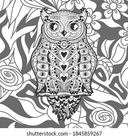 Square ornate pattern with outlined owl. Hand drawn ornate background. Black and white illustration