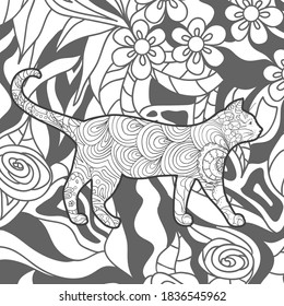 Square ornate pattern with zen cat. Hand drawn abstract background. Black and white illustration