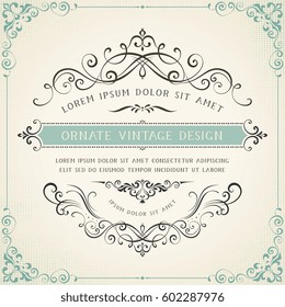 Square ornate vintage template with typographic design on the halftone background. Can be used for retro invitations, greeting cards and royal certificates. Vector illustration.