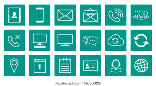 Square Outline Communication Icons Set on emerald background