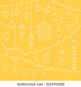 Square outline illustration of hanging Chinese paper lantern for mid autumn festival and lunar new year