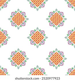 square with oval shapes geometric patterns green and orange-purple leaves