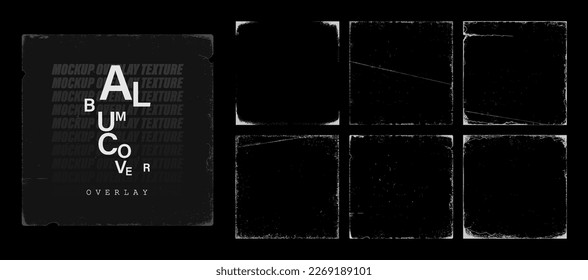 Square Overlay Texture with effect grain, dust, old, concrete, antiquity, wear, creases for album cover, cd, vinyl, flyers, poster, web design. Overlay old textures stamps. Vector set background