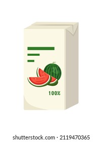 Square pack of red watermelon juice. Sweet healthy fruit drink, tasty liquid. Vector flat illustration