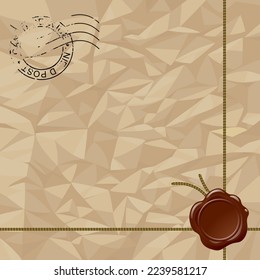 Square package crumpled paper background with brown wax seal, cords and postage stamps. Vector illustration