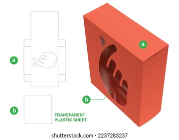 Square packaging box and hand mini heart window with transparent plastic sheet die cut template and 3D mockup