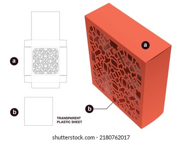 Square packaging box and stenciled pattern window with transparent plastic sheet die cut template and 3D mockup