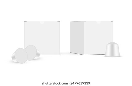 Square Packaging Boxes With Coffee Capsules, Front And Side View Mockups. Vector Illustration