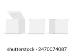 Square Packaging Boxes Mockups, Front And Side View, Opened And Closed Lid, Isolated On White Background. Vector Illustration