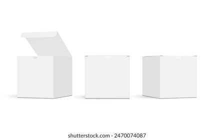 Square Packaging Boxes Mockups, Front And Side View, Opened And Closed Lid, Isolated On White Background. Vector Illustration