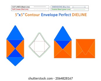 Square Packaging Contour envelope 5x5 inch dieline template and 3D envelope