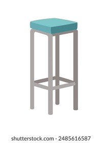 Square padded bar chair with turquoise pillows and steel color stands. Sitting furniture with soft pad for bar counter. Vector illustration isolated on white background