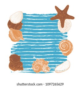 A square   paint  dab frame with  stripes and seashells.  Hand-drawn vector  illustration on a white background. Print.

