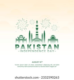 Square Pakistan Independence Day background with a silhouette of buildings and fireworks