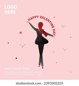 square paneer with red background and paper cut clouds. Place for text. Happy Valentine's day sale header or voucher template with woman and birds. plants border frame with pastel colors.