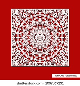 Square panel with carved ornament. Oriental pattern, round mandala, curls, decorative leaves and floral motifs. Vector template for plotter laser cutting of paper, metal engraving, wood carving, cnc.