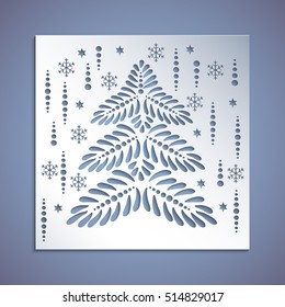 A square panel with Christmas tree cut out of paper. Template for Christmas cards, invitations for Christmas party. Image suitable for laser cutting, plotter cutting or printing. Festive background.
