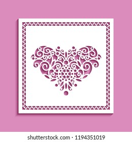 Square panel with cutout heart pattern, lace doily, vector template for laser cutting, ornamental decoration for wedding invitation or Valentines day card design,