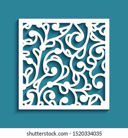 Square panel with cutout paper swirls, floral lace texture, vector stencil pattern, elegant template for laser cutting or plotter printing