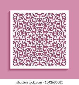 Square panel with cutout paper swirls, floral lace texture, vector stencil pattern, elegant template for laser cutting or plotter printing