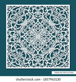 Square panel with delicate lace pattern. Floral oriental ornament of leaves, curls. Template for plotter laser cutting of paper, cardboard, plywood, wood carving, metal engraving, cnc. Vector image.