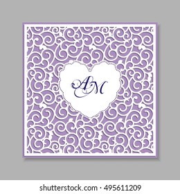 A square panel with lace pattern and heart inside. Template for interior design, layouts wedding cards, invitations, etc. Image suitable for laser cutting, plotter cutting or printing.