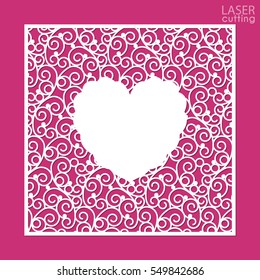 A square panel with lace pattern and heart inside. Template for interior design, layouts wedding cards, invitations, etc. Image suitable for laser cutting, plotter cutting or printing.