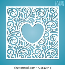 A square panel with lace pattern and heart-shaped frame in the center. Template for interior design, layouts wedding cards, invitations. Image suitable for laser cutting, plotter cutting or printing.