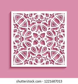 Square panel with lace pattern, vector ornamental tile, elegant template for laser cutting