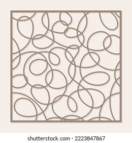 Square panel with pattern of chaotic lines. Abstract geometric ornament from loops, waves, swirls. Template for plotter laser cutting of paper, metal engraving, wood carving, cnc. Vector illustration.