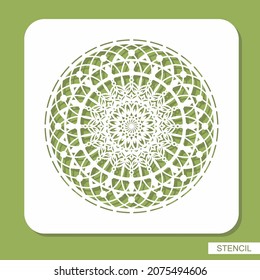 Square panel with a round carved mandala. Stencil with lace decorative circle, floral ornaments, geometric pattern of intertwined lines. Template for plotter laser cutting of paper, cnc. Vector image.