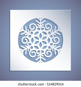 A square panel with a snowflake, a cross-cutting thread. Template for Christmas cards, invitations for Christmas party. Image suitable for laser cutting, plotter cutting, printing. Festive background.