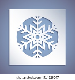 A square panel with a snowflake, a cross-cutting thread. Template for Christmas cards, invitations for Christmas party. Image suitable for laser cutting, plotter cutting, printing. Festive background.