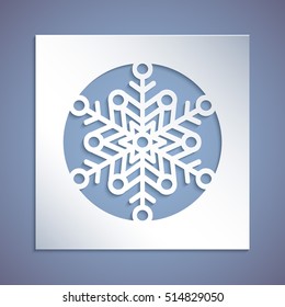 A square panel with a snowflake, a cross-cutting thread. Template for Christmas cards, invitations for Christmas party. Image suitable for laser cutting, plotter cutting, printing. Festive background.