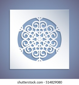 A square panel with a snowflake, a cross-cutting thread. Template for Christmas cards, invitations for Christmas party. Image suitable for laser cutting, plotter cutting, printing. Festive background.