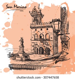 Square with panoramic view near Palazzo Pubblico in San Marino city. Sketch style drawing imitating ink pen drawing with a grunge background on a separate layer. EPS10 vector illustration.