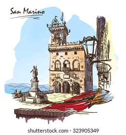 Square with panoramic view near Palazzo Pubblico in San Marino city. Painted sketch imitating ink pen drawing above blurry watercolor. EPS10 vector illustration.