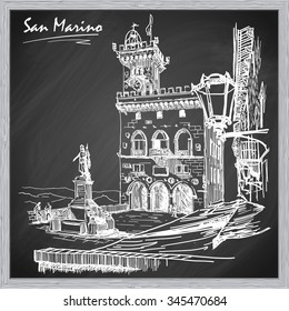 Square with panoramic view near Palazzo Pubblico in San Marino city. Sketch  imitating chalk drawing on a blackboard. EPS10 vector illustration.