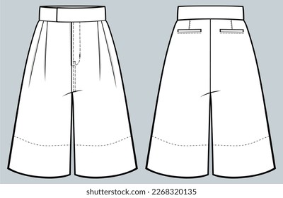 Square Pants. High-waist Shorts fashion flat. boyfriend fit rolled up. Vector technical sketch, technical drawing template. slim fit, women, front, and back view, CAD mockup