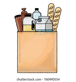 square paper bag with foods sausage bread and drinks juice and water bottle and milk carton in colored crayon silhouette