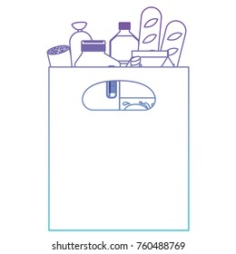 square paper bag with handle and foods sausage bread and drinks juice and water bottle and milk carton in degraded purple to blue color contour