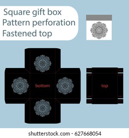 A square paper box, box is fastened with a lid, cut out template, gift wrap, laser cutting template, the sides are indicated by an abstract pattern of perforations, vector.