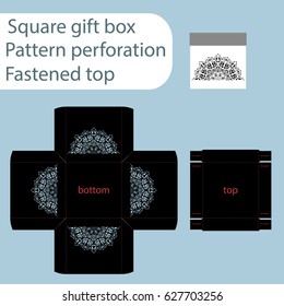 A square paper box, box is fastened with a lid, cut out template, gift wrap, laser cutting template, the sides are indicated by an abstract pattern of perforations, vector.