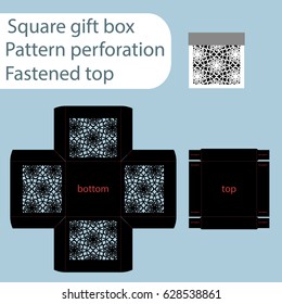 A square paper box, box is fastened with a lid, cut out template, gift wrap, laser cutting template, the sides are indicated by an abstract pattern of perforations, vector.