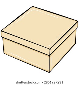 Square paper box shown in perspective. For packaging goods and materials for the postal services. Simple vector color illustration with outline in hand drawn style isolated on white
