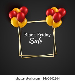 A square paper cut geometric frame in gold with a realistic bunch of red and yellow balloons on black background. Vector greeting card Birthday or Black Friday Sale concept.