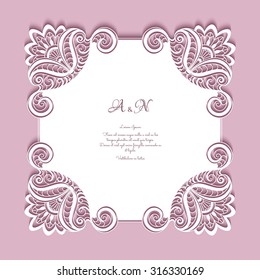 Square paper lace frame, lacy doily, greeting card or wedding invitation template, vector eps10