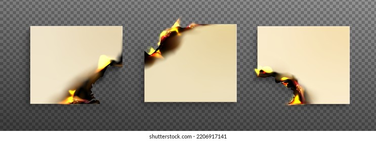 Notas de papel cuadrado con ángulos ardientes, páginas quemadas con fuego ardiente en bordes desiguales carbonizados, hojas dañadas en llamas con cenizas aisladas en fondo transparente Ilustración vectorial 3d realista