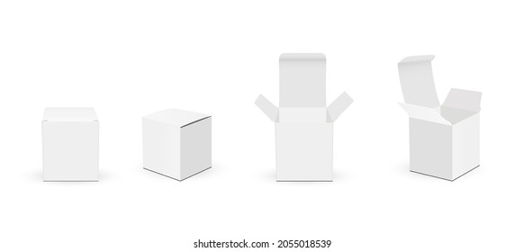 Cajas cuadradas de embalaje de papel con tapa abierta y cerrada, aisladas en fondo blanco. Ilustración vectorial