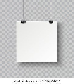 Afiche de papel cuadrado colgado en una cuerda con clip y sombra suave ilustración vectorial realista aislado en fondo transparente